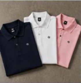 Navy DB² polo worn at a café